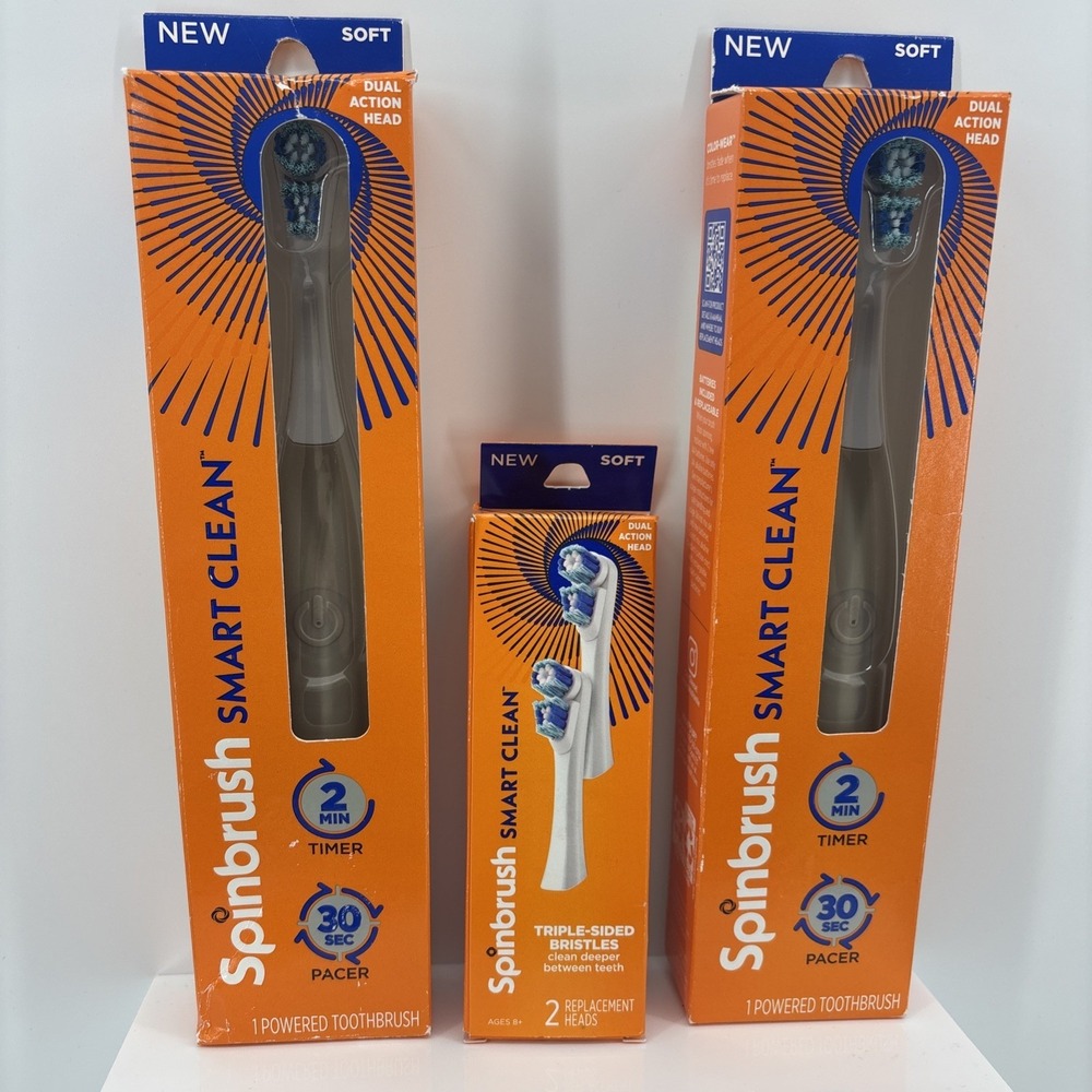 2 Spinbrush Smart Clean Battery Powered Electric Toothbrush & Replacement Heads